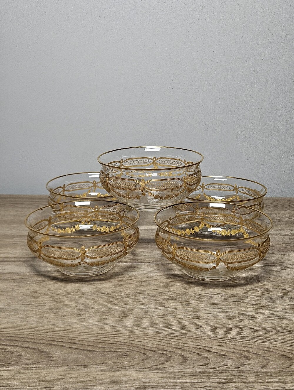 Vintage Tiffin-Franciscan Style Gold Encrusted Glass Berry Bowls Set 5